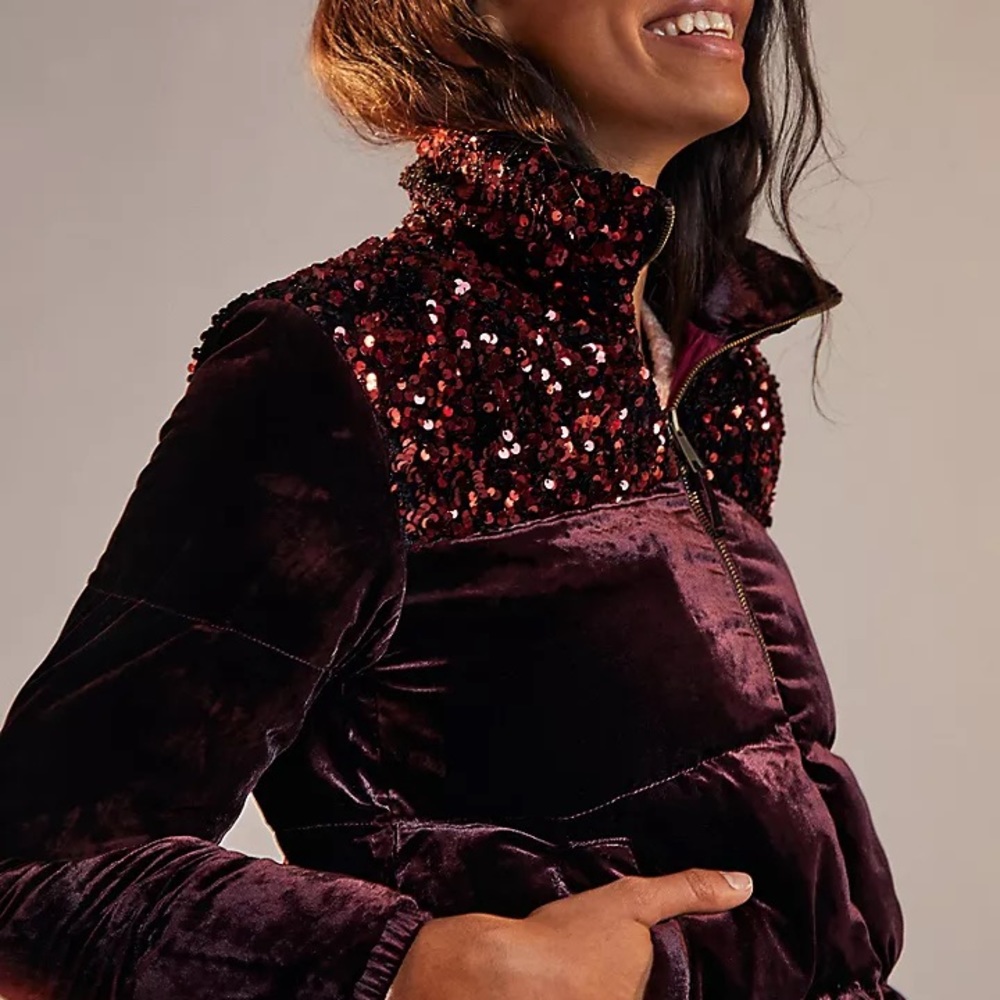 NWT Maeve By Anthropologie Vera Sequined Velvet Puffer Jacket Wine Size XS